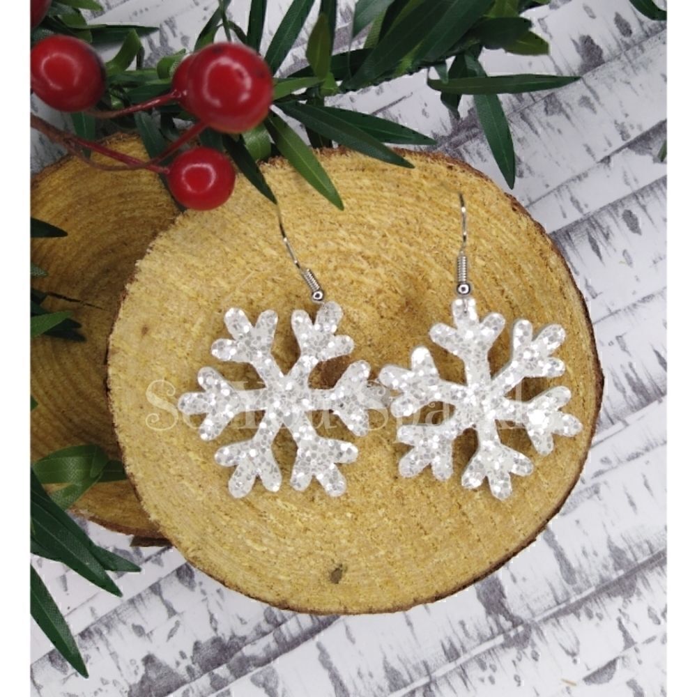 Snowflake White Sparkly Glitter Leather Handcrafted Earrings